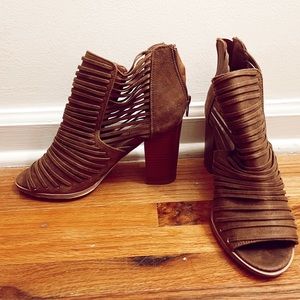 JustFab | Tan Suede Open Toed Booties | Size 7